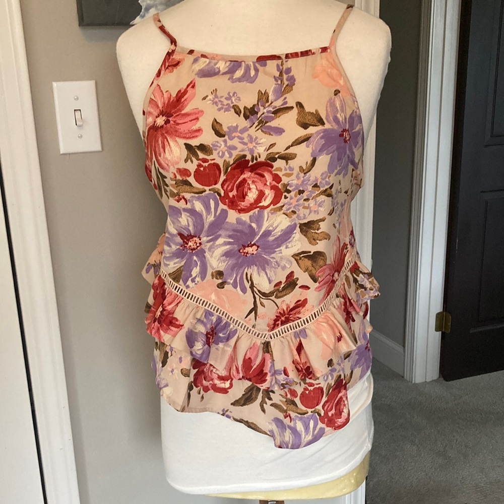 Floral Ruffle Spaghetti Strap Top - Peach